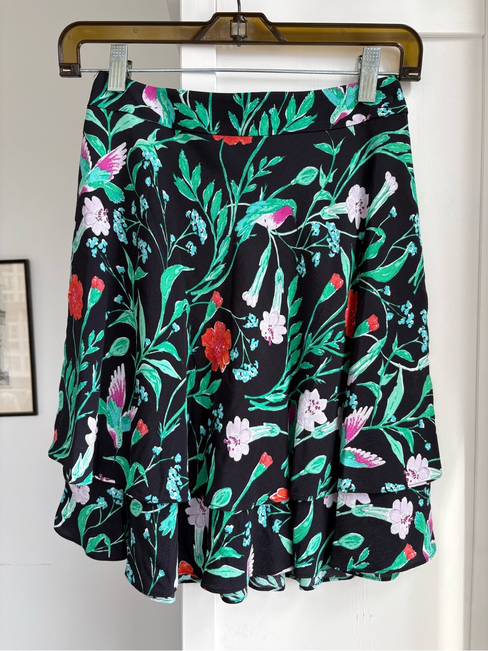 KATE SPADE Jardin Scenic Route Skirt Black Floral Silk Mini w/Flounce, Size 00